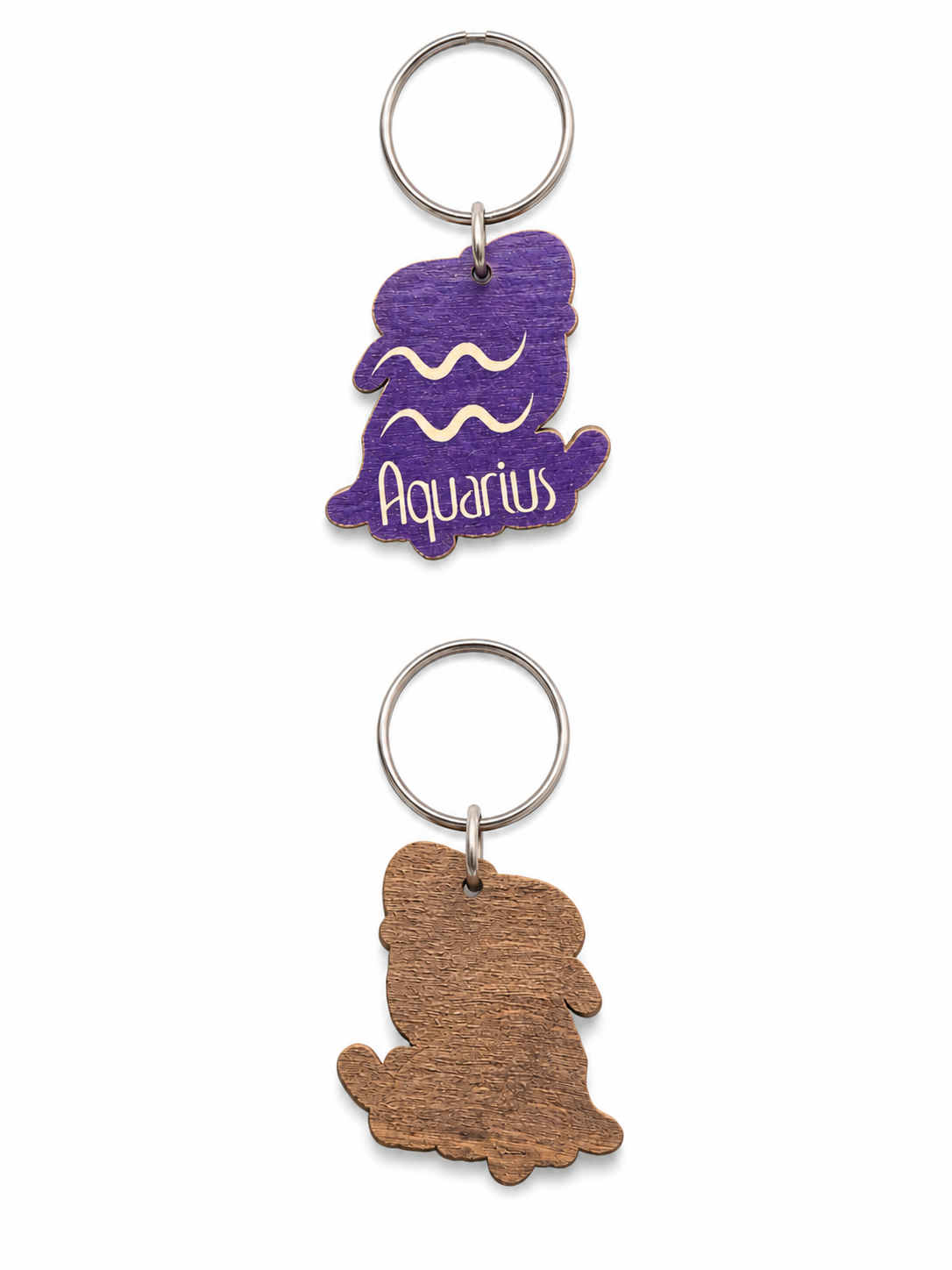 Personalized Aquarius Wooden Zodiac Keychain with engraved astrology sign
