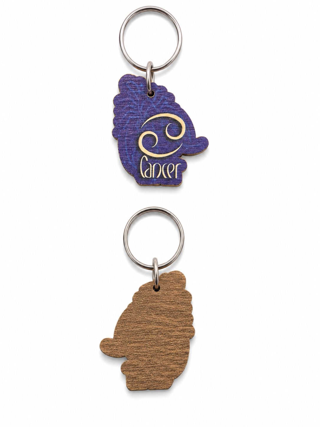Personalized Cancer Wooden Zodiac Keychain with engraved astrology sign
