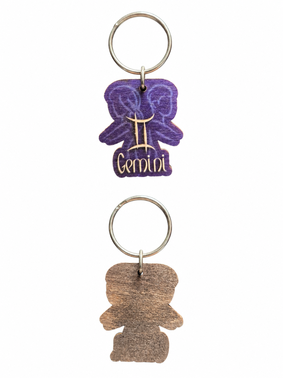 Personalized Gemini Wooden Zodiac Keychain with engraved astrology sign

