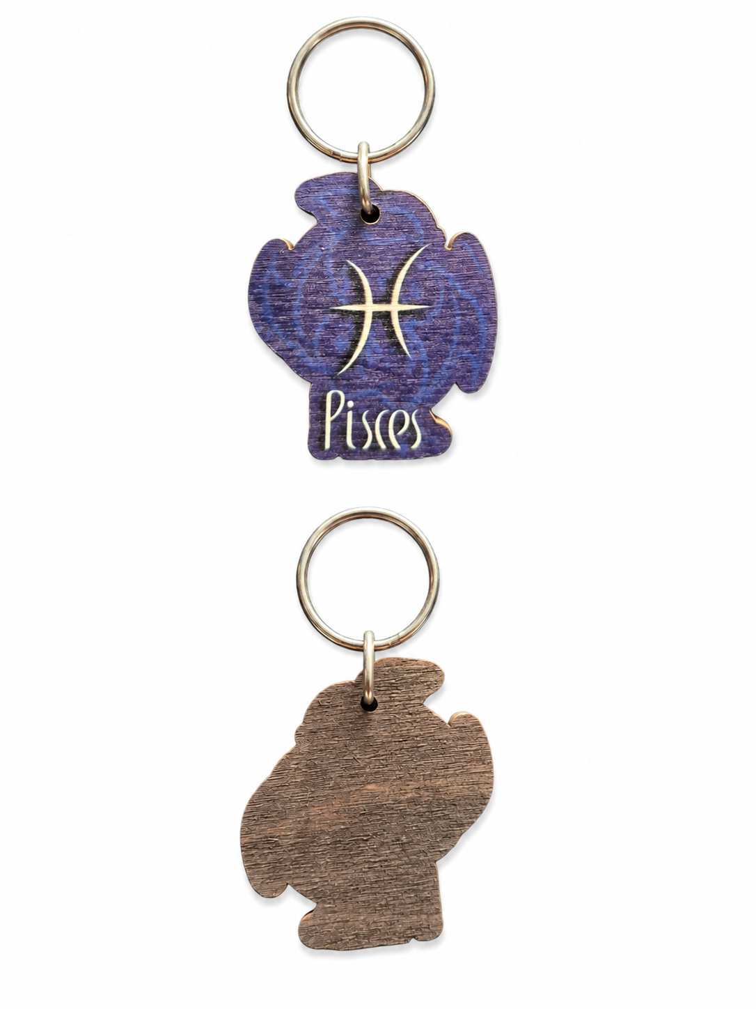 Personalized Pisces Wooden Zodiac Keychain with engraved astrology sign
