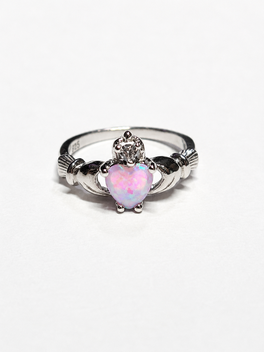 Sterling Silver Pink Opal Claddagh Ring